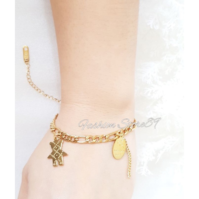 Gelang Tangan Rantai motif Bear Love Titanium Gold Antikarat Fashion Dewasa