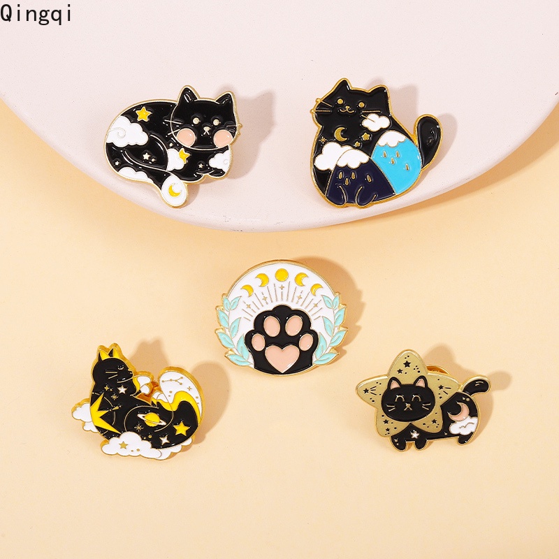 Bros Pin Enamel Bentuk Kartun Kucing Bulan Bintang Untuk Hadiah Anak