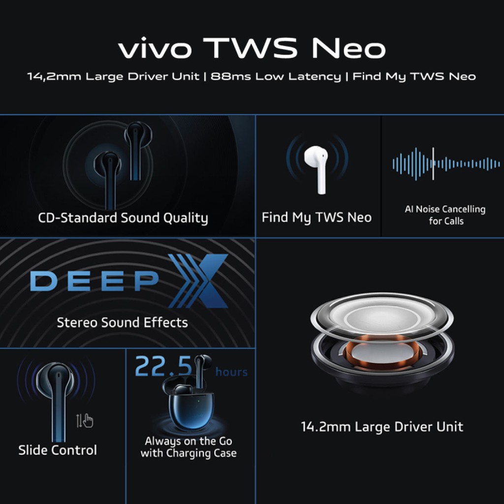 vivo TWS ANC / TWS 2E Bluetooth Earphonevivo TWS 2e | 12.2mm Super Strong Bass | 30-hour Ultra Long Battery Life