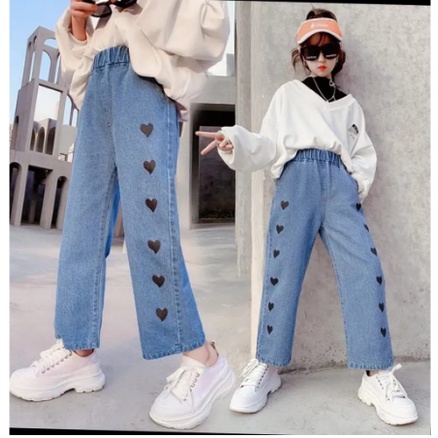 Celana Kulot Jeans Anak Perempuan Motif Love Rawis Jins cewek remaja Tanggung
