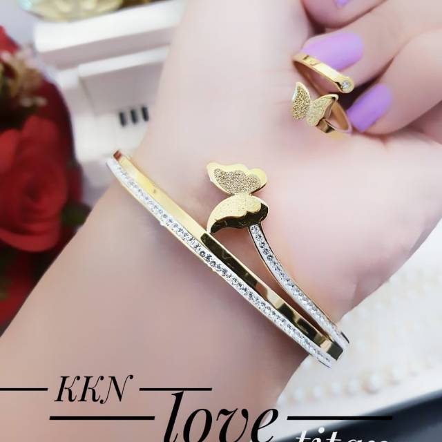 Titanium gelang dan cincin lapis emas 24k 1311a