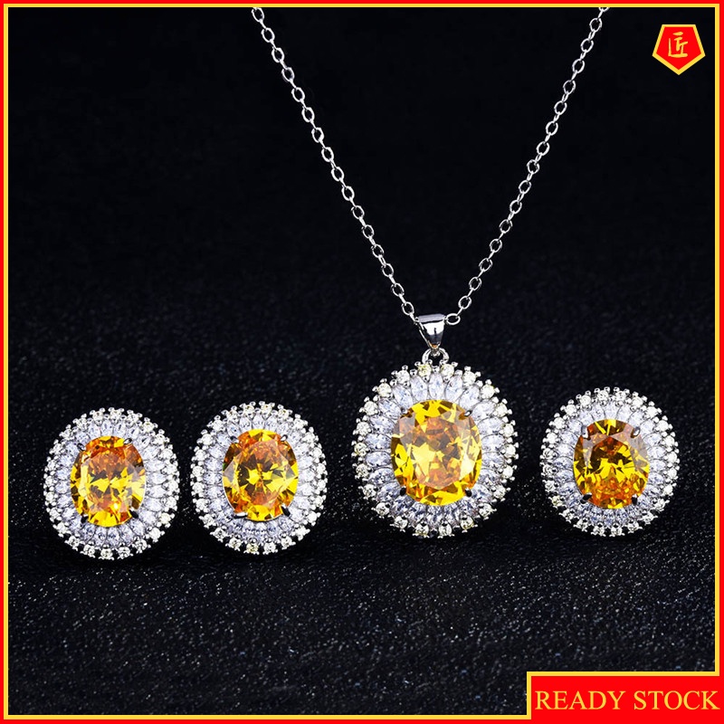 [Ready Stock]Natural Yellow Diamond Blue Topaz Rings Ear Studs Necklace Set