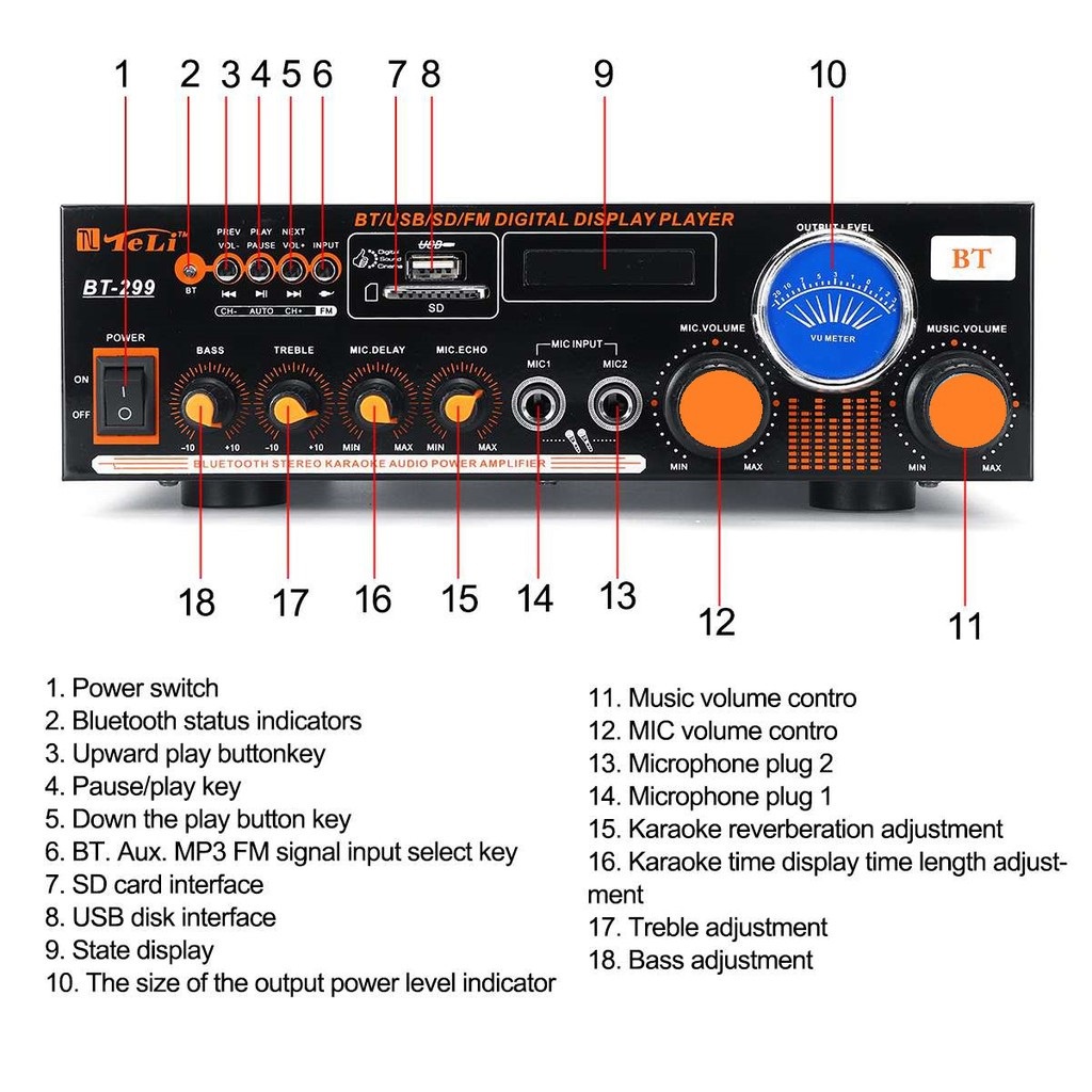 Power Amplifier Karaoke Fleco BT-299 Play Mp3 BT/USB/SD Card/FM Radio/AUX/Hi Fi Audio 2 Mic Interface - Amplifier Bluetooth Mp3 Stereo