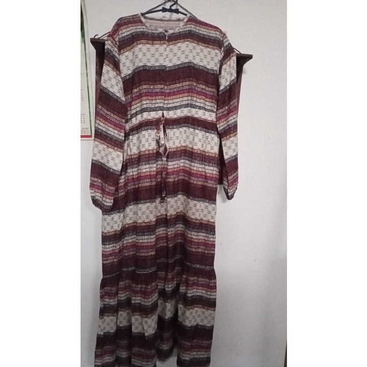 Gamis Long Dress Garis Corak Bahan Rayon Premium