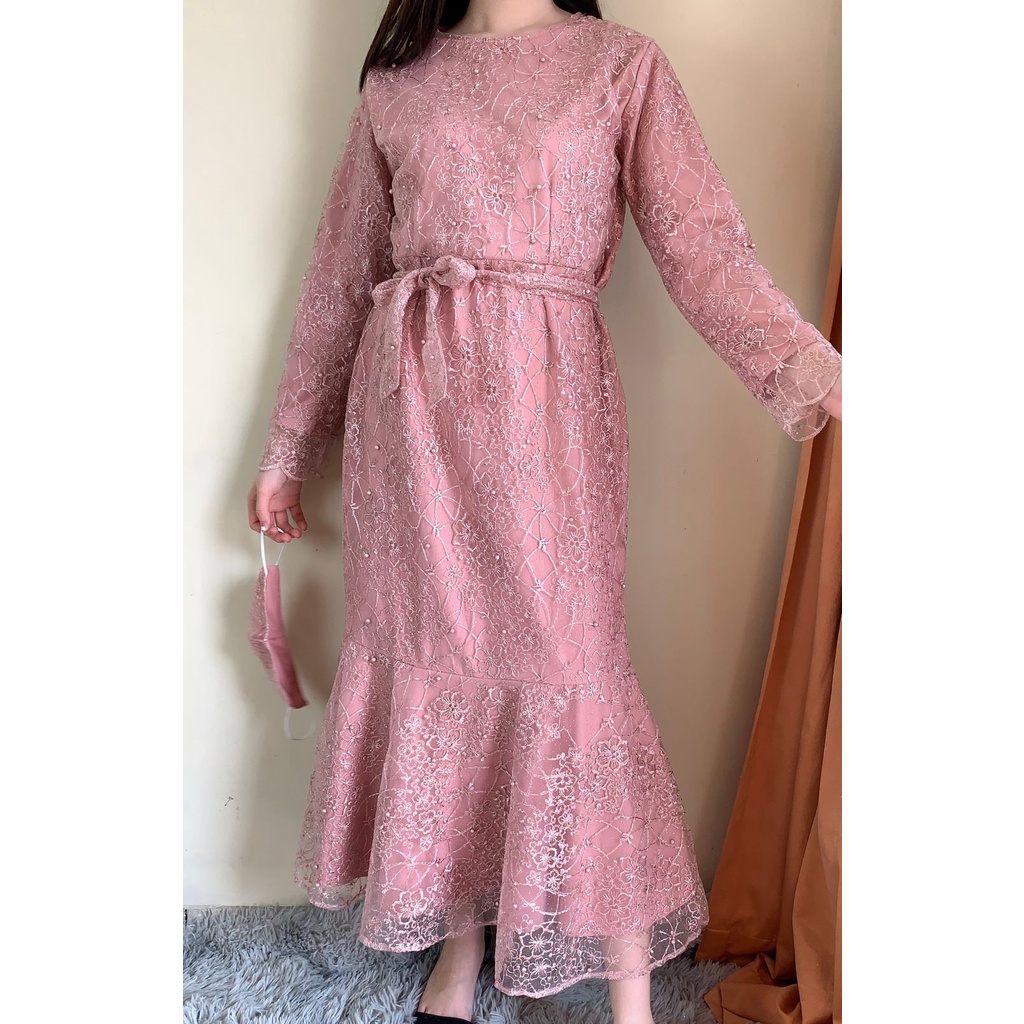 Ken-237 Busana Gamis Long Dress kondangan Muslim Hijab Wanita Dress Pesta Korean Look Model Duyung Premium Full Tulle High Quality-Pink
