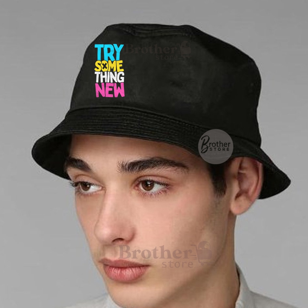 Topi bucket Articlel try some new bucket TEXT print  pria hitam