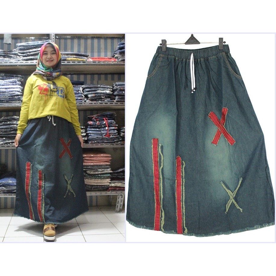 Rok Jeans Rawis Motif 03 Variasi Tambal / Rok Panjang Wanita Muslimah Pinggang Karet Bahan Adem