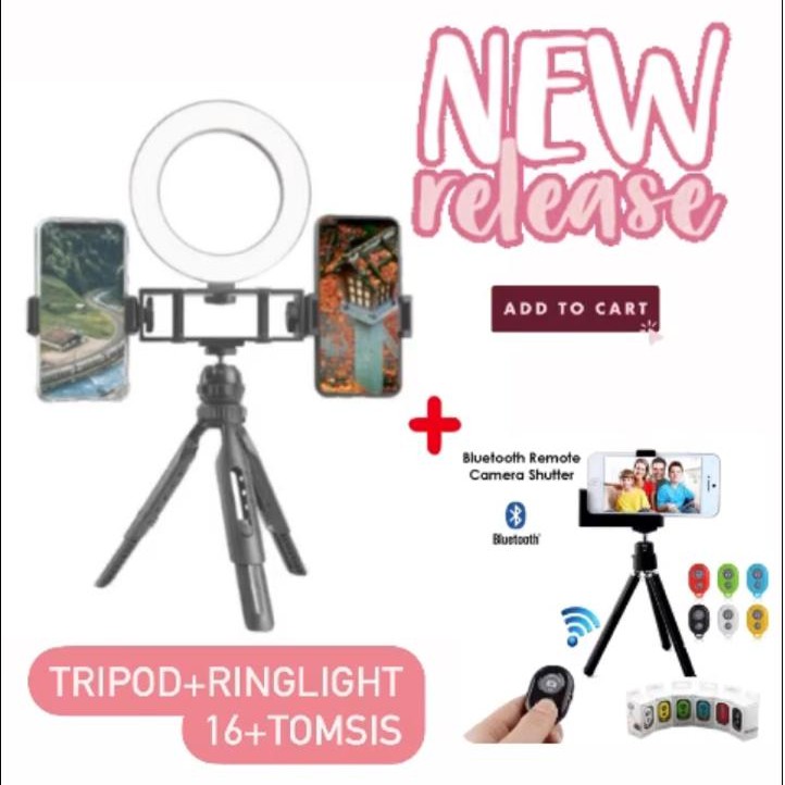 Trend-PAKET Tripod PLUS Ringlight 16 PLUS Holder Vlogger PLUS TOMSIS (tombol narsis) TERMURAH