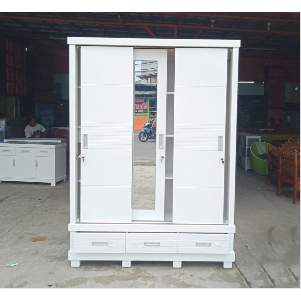 Lemari Pintu 3 Kayu Full Putih Samblas Mahoni Duco