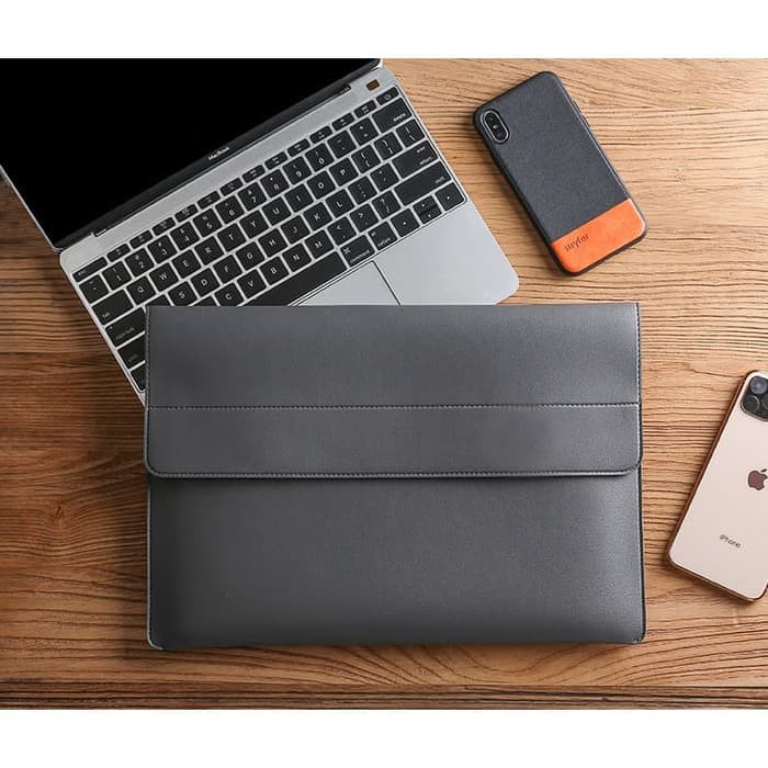 Tas Laptop Softcase Sleeve PU Leather Magnetic 13 14 inch grey