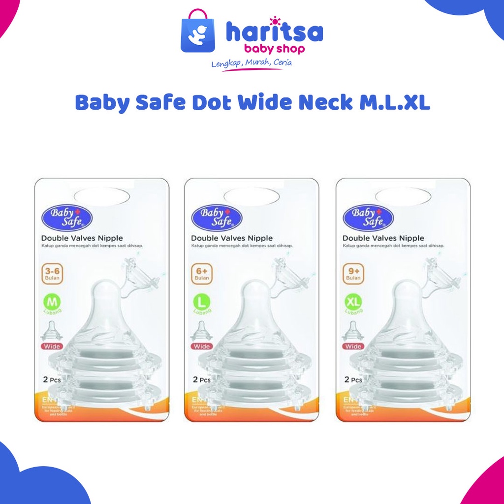 Baby Safe Slim Wide Neck Nipple Dot Bayi isi 2 | Baby Safe Slim Wide Neck Nipple Ukuran M &amp; L