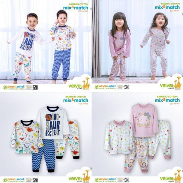 Piyama Velvet Junior Mix And Match - cewe&amp;cowo isi 2 setel