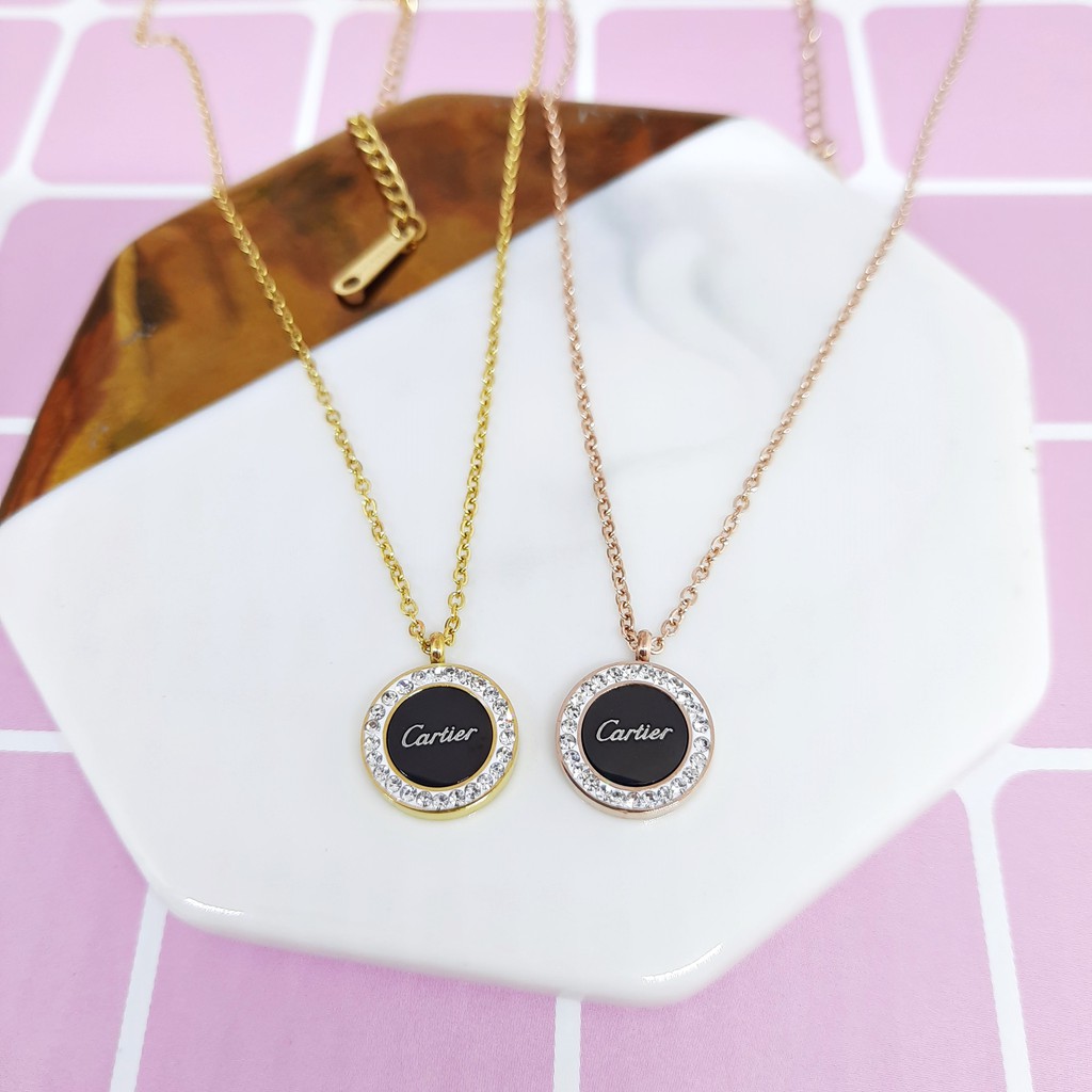 Kalung Titanium Liontin Bulat Hitam Korean Style Rose Gold - BN434