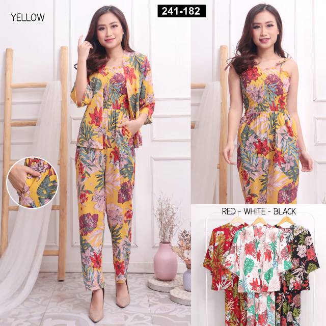 182 LAURA FLOWER SET JUMPSUIT+OUTER | JUMPSUIT WANITA 2IN1