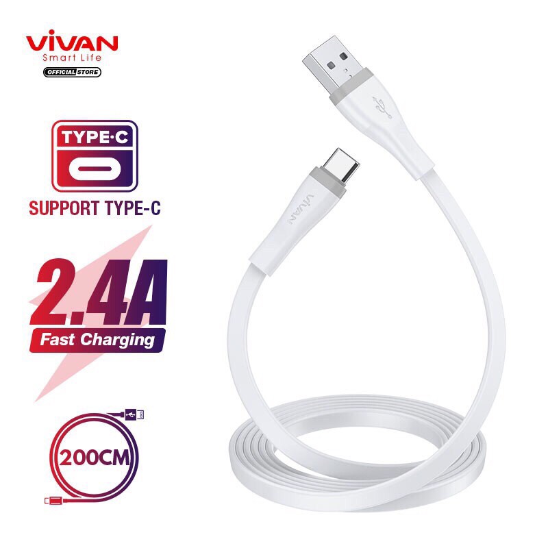 VIVAN Kabel Data Type C Fast Charging SC30S SC100S SC200S 2.4A Quick Charge Flat Design White