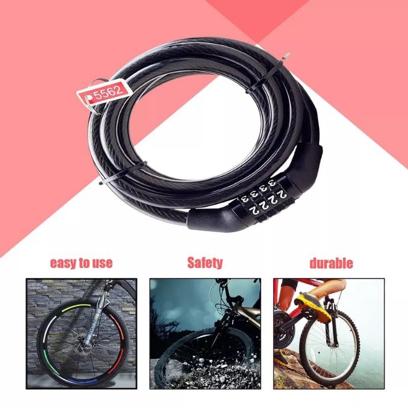 Gembok Kunci Pengaman Sepeda Motor Helm Pager Kombinasi Kode Angka 4  Digit Kabel Baja Free Holder