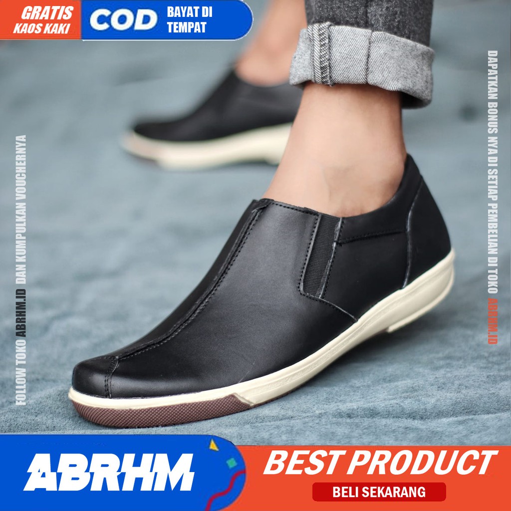 ABRHM x SANVER Sepatu Slip On Casual Kulit Asli Original Slop Anti Slip Kasual Formal Pantofel Kerja Kantor Kuliah Keren Kekinian Gaya Pria Cowok / Cowo