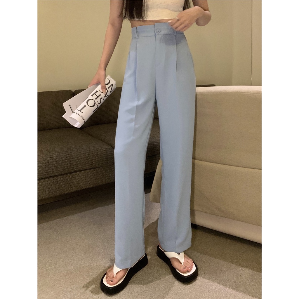 Pinggang Tinggi Setelan Lurus Celana Kasual Wanita 2022 Musim Panas Baru Hitam Slim Menggantungkan K