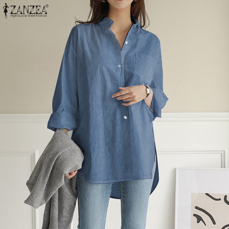 ZANZEA Women Plus Size Turn-Down-Collar Front Pockets Blouse Casual Loose Long Sleeve Tops Shirt