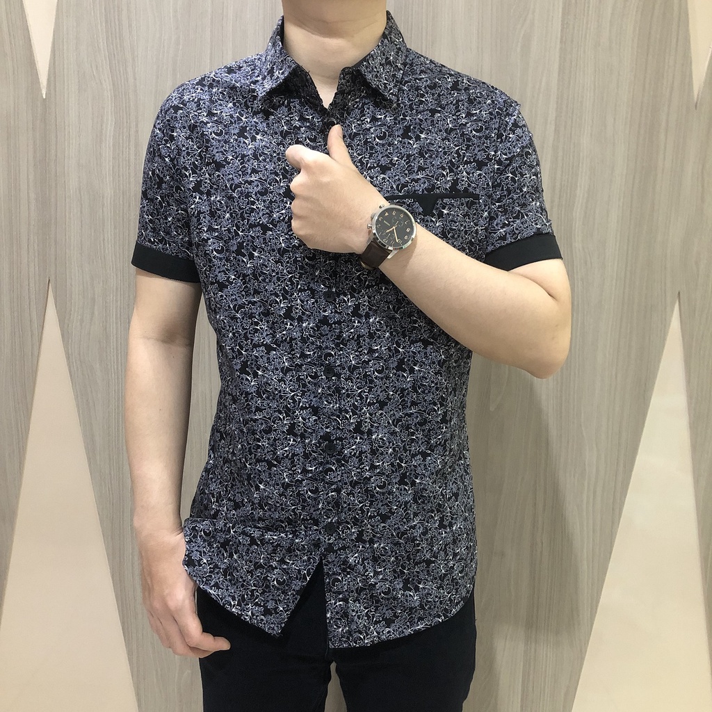 [GRIDLINE - S217 Blue &amp; Black] Kemeja Print Pria Katun Lengan Pendek Slimfit Simpel Modern M-XXL