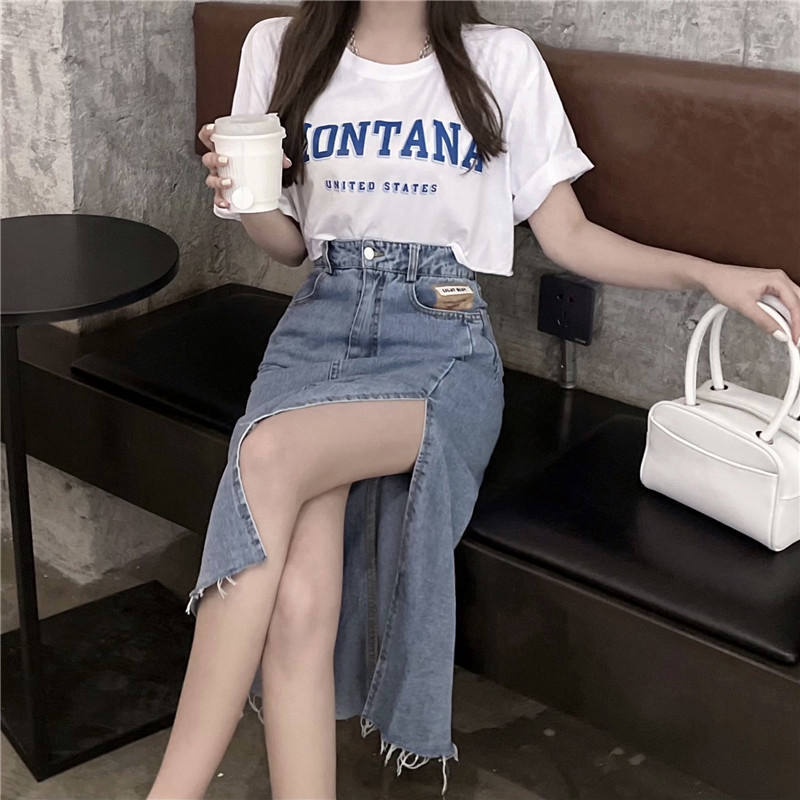 Rok jeans wanita slit skirt panjang fashion korean style high waist  denim 2023 terbaru ootd kekinian