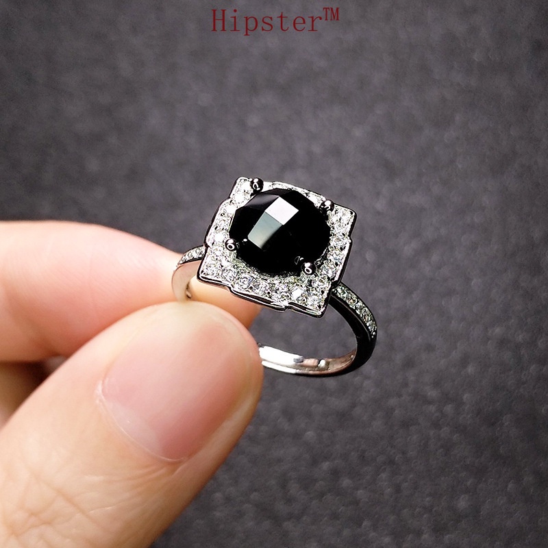 Popular European and American Goths Style Creative Inlaid Square Black Agate Ring