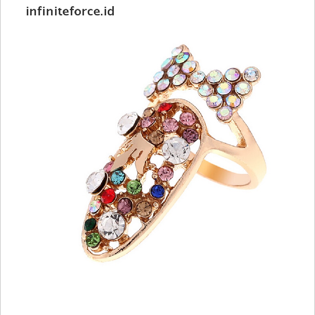 Infiniteforce.id Cincin Kuku Motif Mahkota + Bunga Aksen Kristal Untuk Perhiasan Wanita