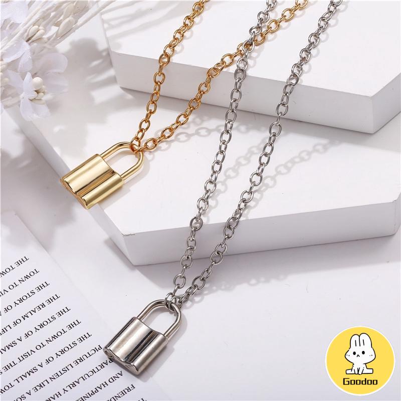 Kalung Rantai Emas Liontin Gembok Rantai Stainless Steel Warna Silver Gaya Boho Untuk Wanita -Doo