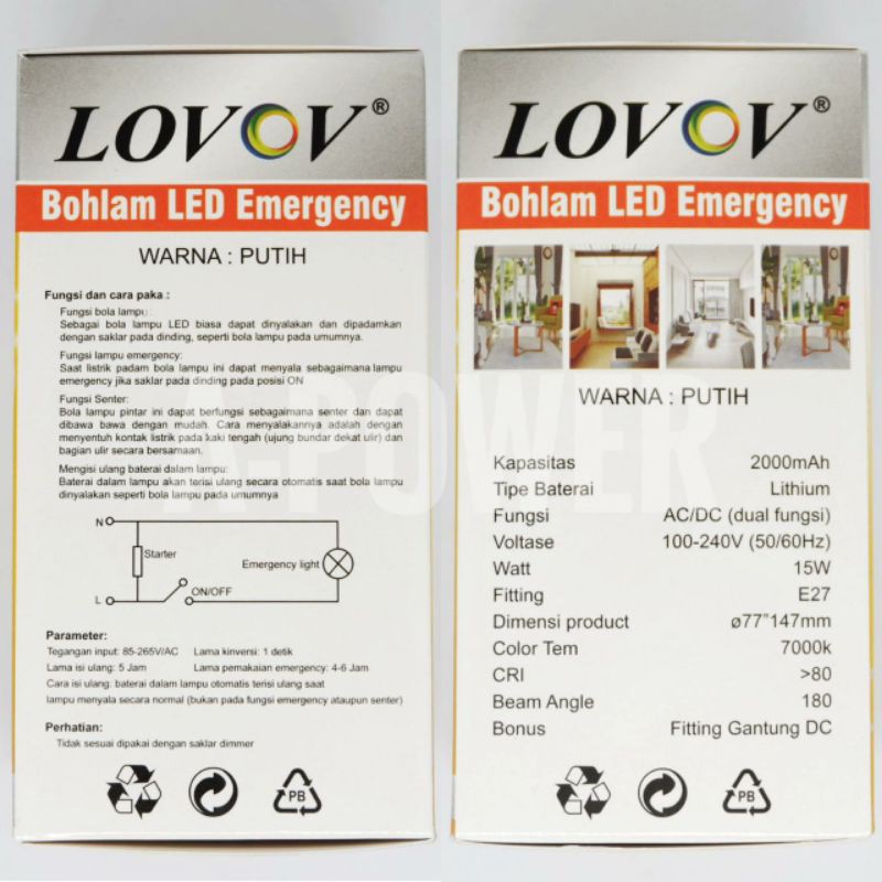 Lovov - Lampu LED Emergency Magic AC / DC 15W (Putih)