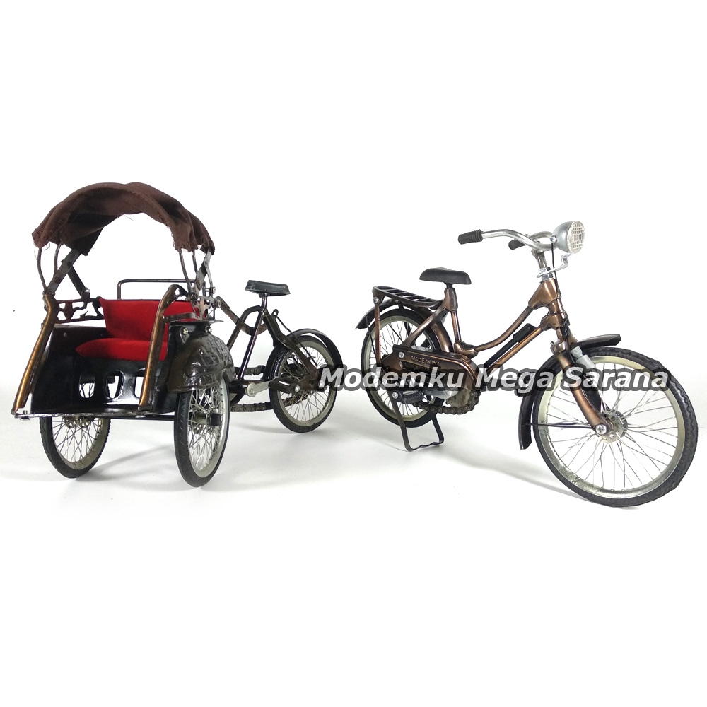 Paket Isi 2 - Miniatur Becak &amp; Sepeda Onthel Pajangan