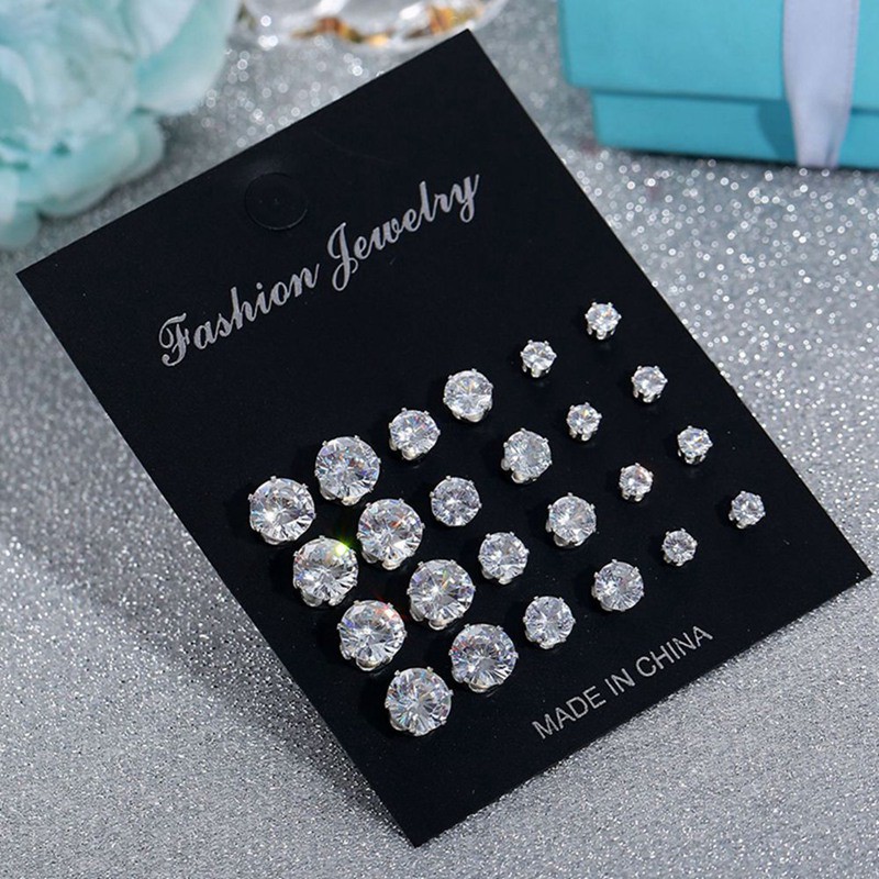 12 Pasang / Set Anting Tusuk Kristal Zircon Stainless Steel untuk Wanita