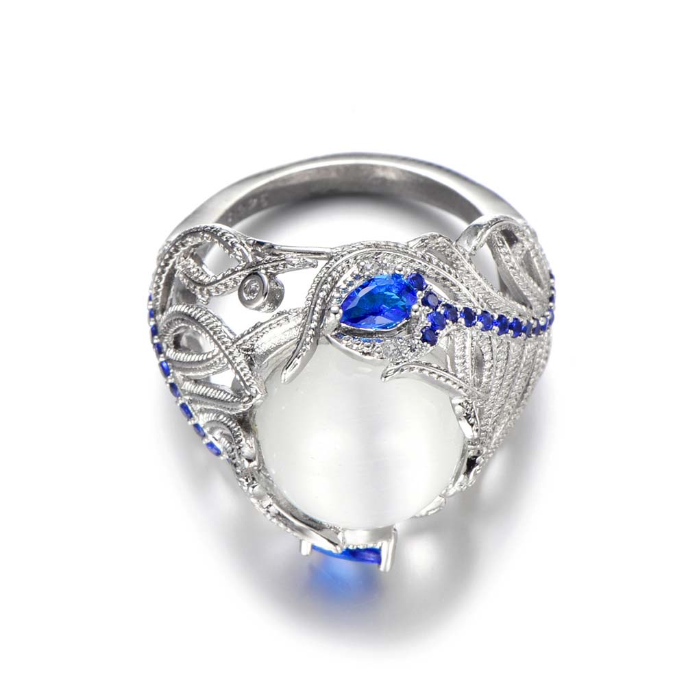 Hu Hu Hu Hu Hu Alat Bantu Pasang Kacamata♡ Cincin Wanita Desain Bulu Merak Hias Opal Sapphire Imitasi Untuk Pernikahanhadiah