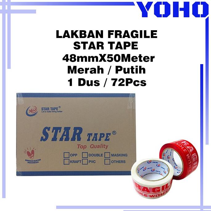 

Lakban Fragile STAR TAPE Jangan Dibanting Merah/Putih 48mmX50M 1Dus