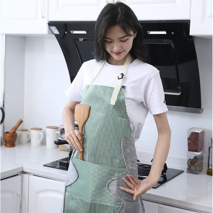 CELEMEK MASAK KATUN LINEN MOTIF GARIS ADA HANDUKNYA MINIMALIS - APRON MULTIFUNGSI MASAK DAPUR CAFE RESTO