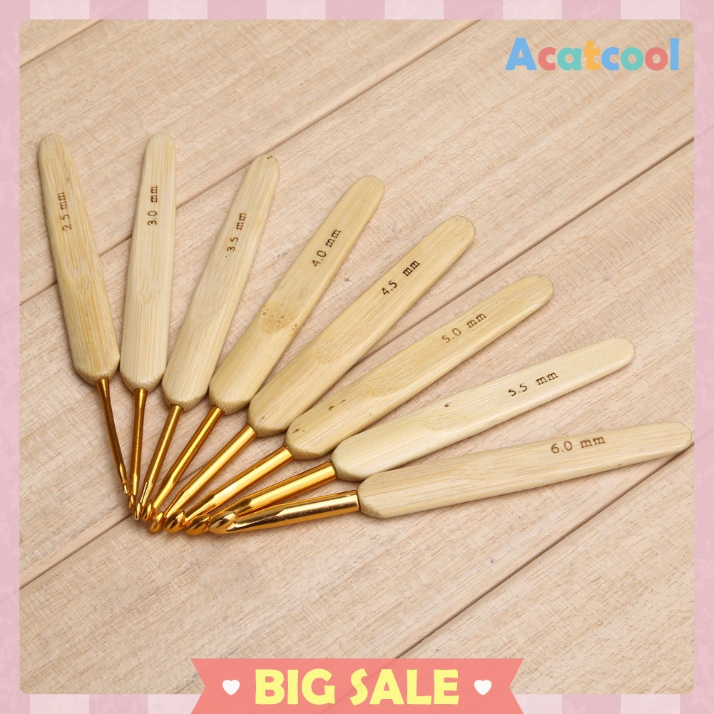 8pcs 8 sizes Bamboo handle Golden Aluminum Crochet Hooks Needles 2.5mm-6mm