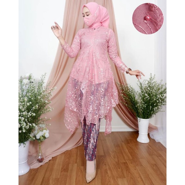 ( COD ) Setelan kebaya tunik selendang kutubaru payet - motif bunga - outfit kekinian - kebaya modern - bahan brukat non gliter - baju pesta keluarga, wisuda, pakaian kondangan, nikahan ataupun akad