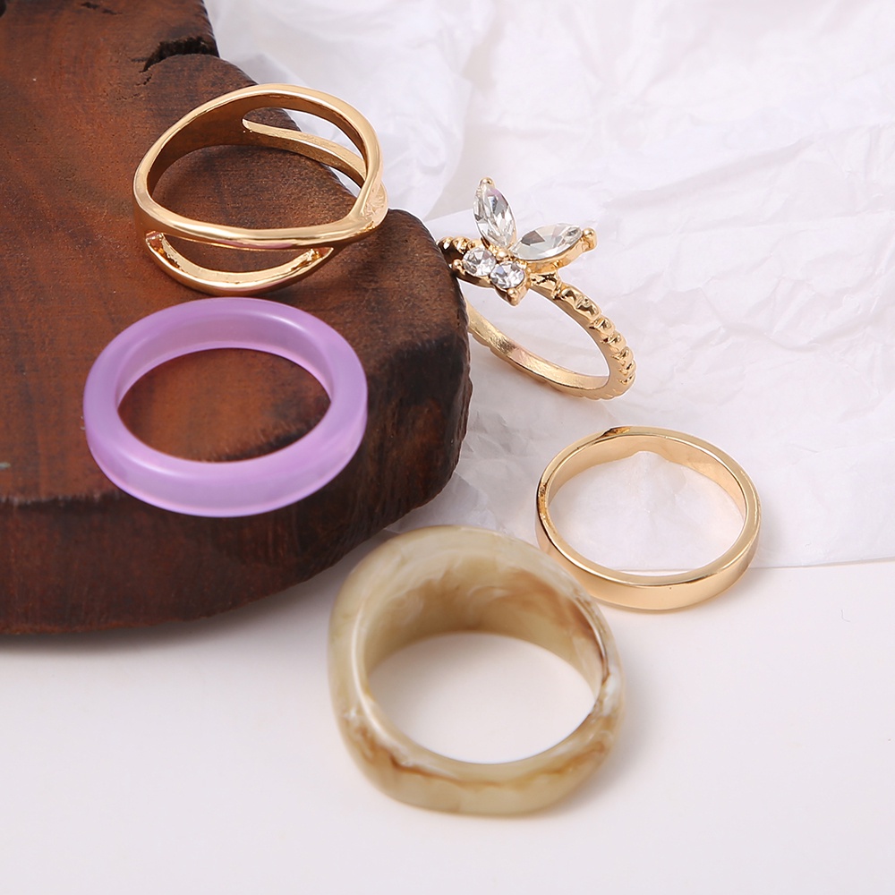 IFYOU 5Pcs Personalized Fashion Resin Metal Ring Set Crystal Butterfly Finger Ring Women Jewelry Accessories