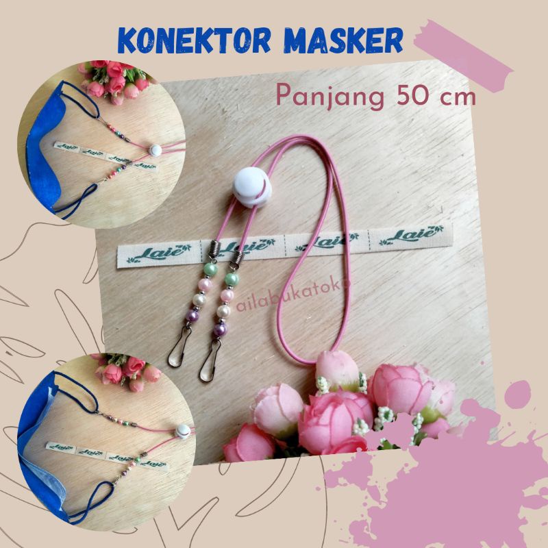 Strap Kalung Konektor Masker Hijab 2 in 1 Hitam Putih Polos Mutiara