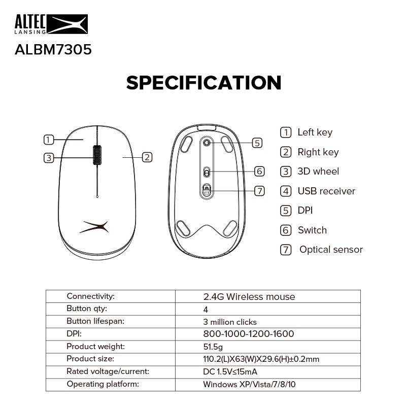 ALBM7305 Mouse Wireless SILENT ALTEC LANSING ALBM-7305 1600DPI