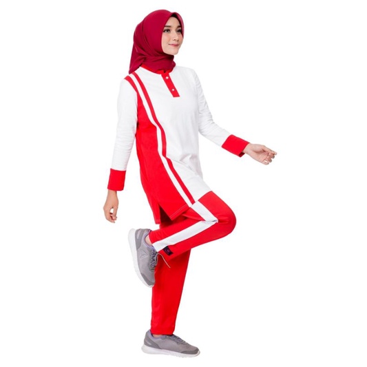 Setelan Baju Olahraga Couple Muslimah Lengan Panjang (edition spesial kemerdekaan)-Cewe RedWhite Zamora