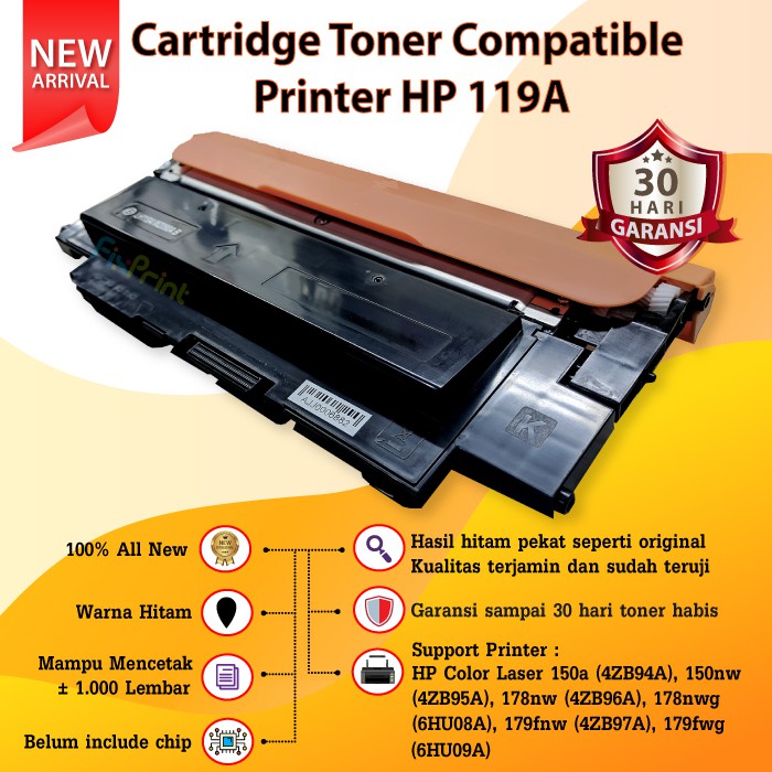 Cartridge Toner Compatible 119A - Printer HP Color Laser 150a 150nw MFP 178nw 179nw 179fnw 179fwg