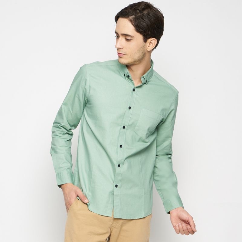 KEMEJA POLOS JUMBO LENGAN PANJANG COWOK HEM PRIA KANTOR WARNA HIJAU TOSCA