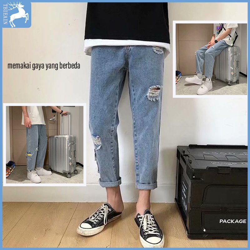 Celana jens pria sobek jeans korean style pria jeans biru ankel pants pria celana sobek celana trend pria celana jeans