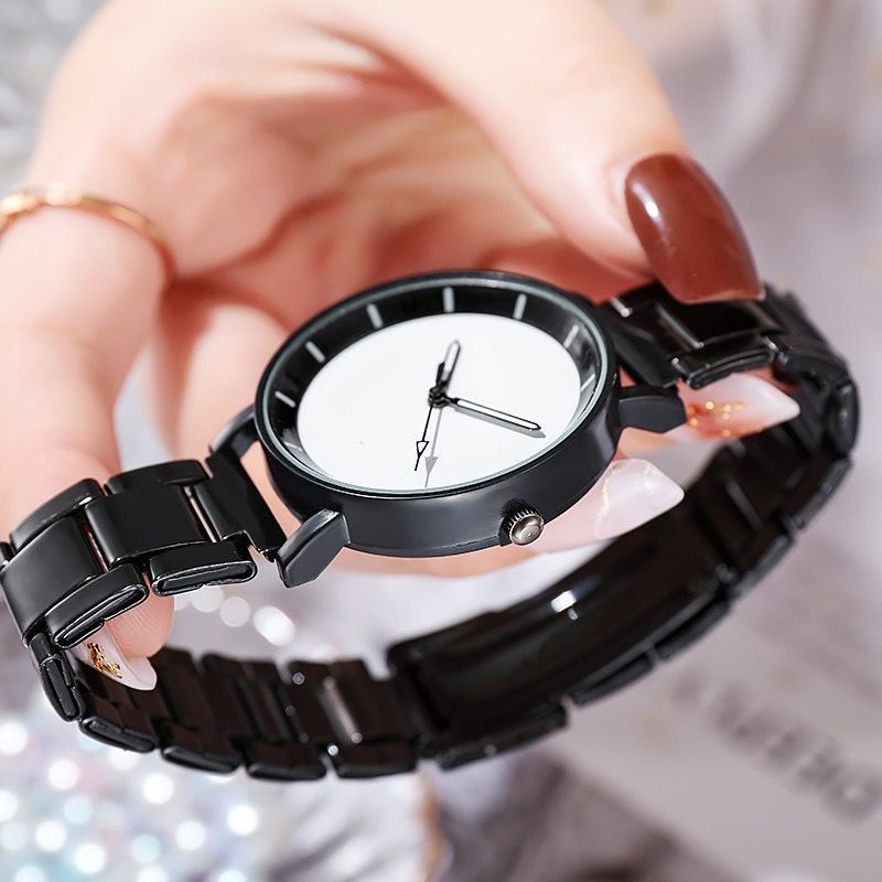 Jam Tangan Wanita Analog Quartz Casual Fashion Strap Rantai Hitam Stainless Steel Import Pria Murah