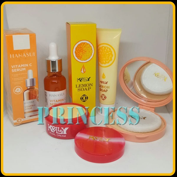 Paket Kelly 4 in1 Plus Serum vit c - Pearl Cream Kelly 15gr + Kelly Lemon Soap 15gr + Bedak Kelly Co