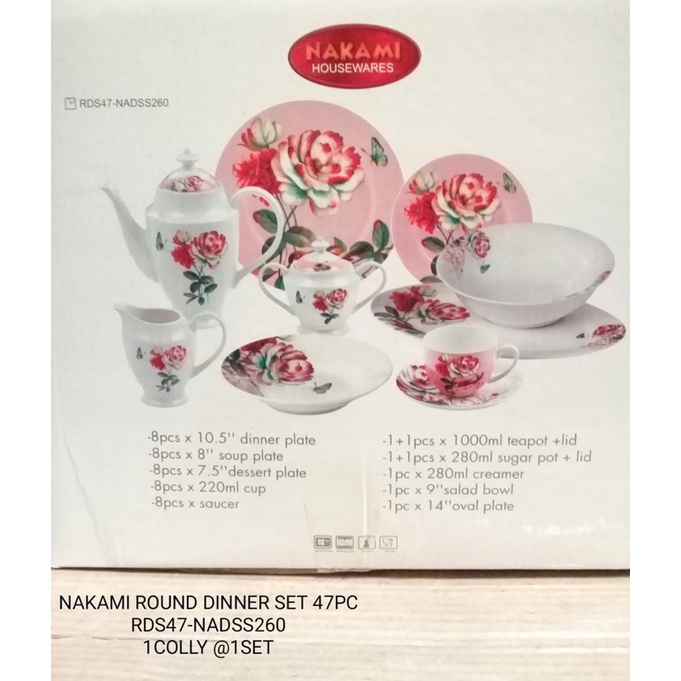 Nakami Dinner Set 47pc Tea Set Cup Saucer Plate Bowl Piring Mangkok Teko Gelas Set