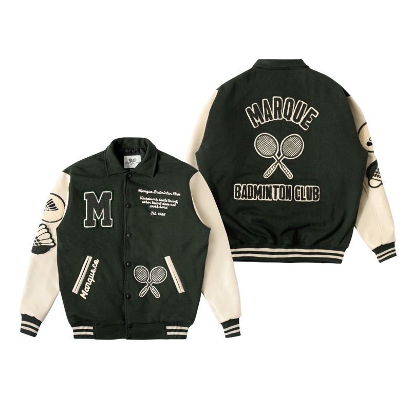 MARQUE.CO ‘BADMINTON CLUB’ VARSITY JACKET - Bordir Handuk, Cotton Fleece &amp; Leather/Kulit, Warna Hijau Tua &amp; Broken White, untuk Unisex