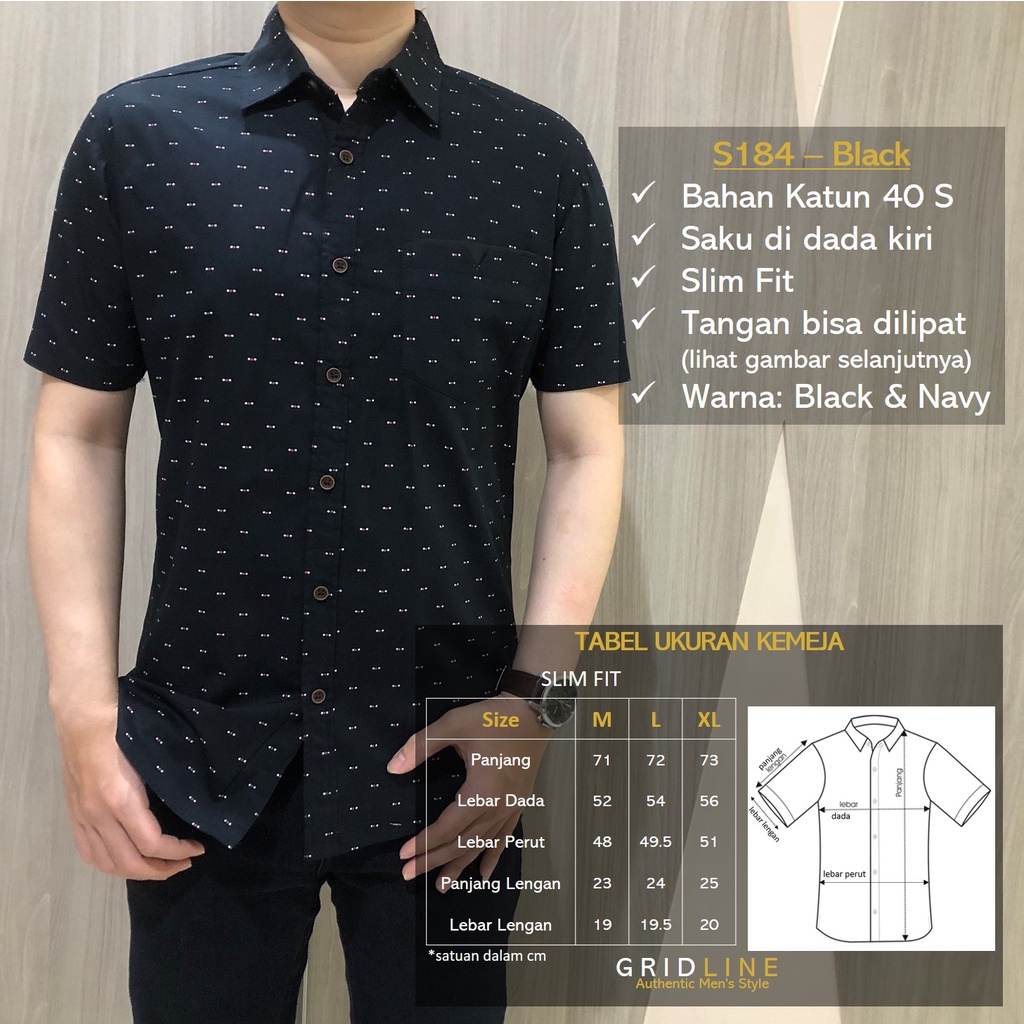 [GRIDLINE - S184 Navy &amp; Black - S119] Kemeja Pria Lengan Pendek Slimfit Katun Premium Simpel Elegan Best Seller M-XXL