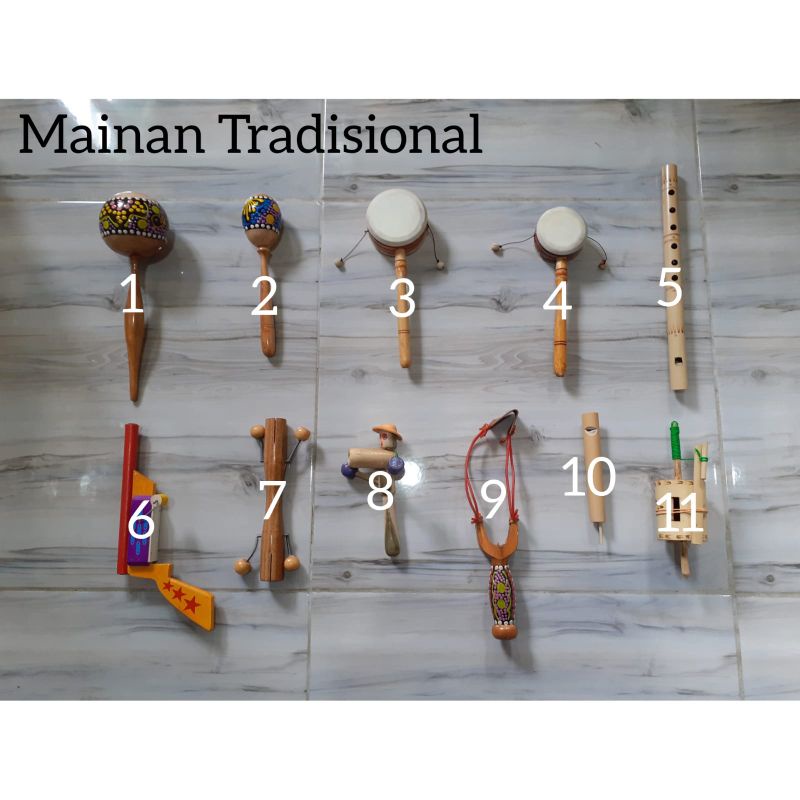 Mainan Anak Tradisional/ Mainan Kayu/ Mainan Tradisional/Alat Musik Tradisional/ Marakas/ Otok otok/ Kaki seribu/ Tembak Ginjang/ Ketapel Kayu