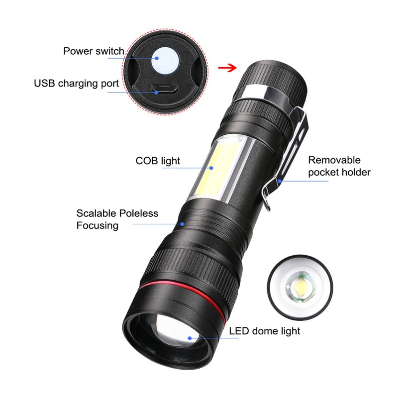 Senter LED USB Rechargeable XPE-T6 + COB 200 Lumens - Black/senter murah